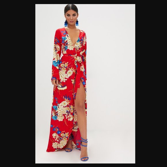 PrettyLittleThing Dresses & Skirts - NWT Pretty Little Thing Red Floral Print Kimono Maxi Dress